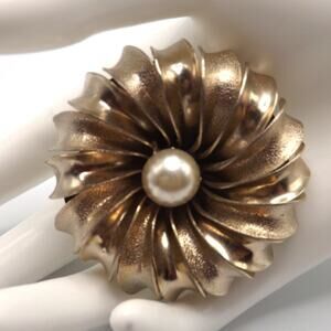 Vintage Gold Flower Faux Pearl Brooch, Texture Smooth Petals Mid Century, 2 1/4"